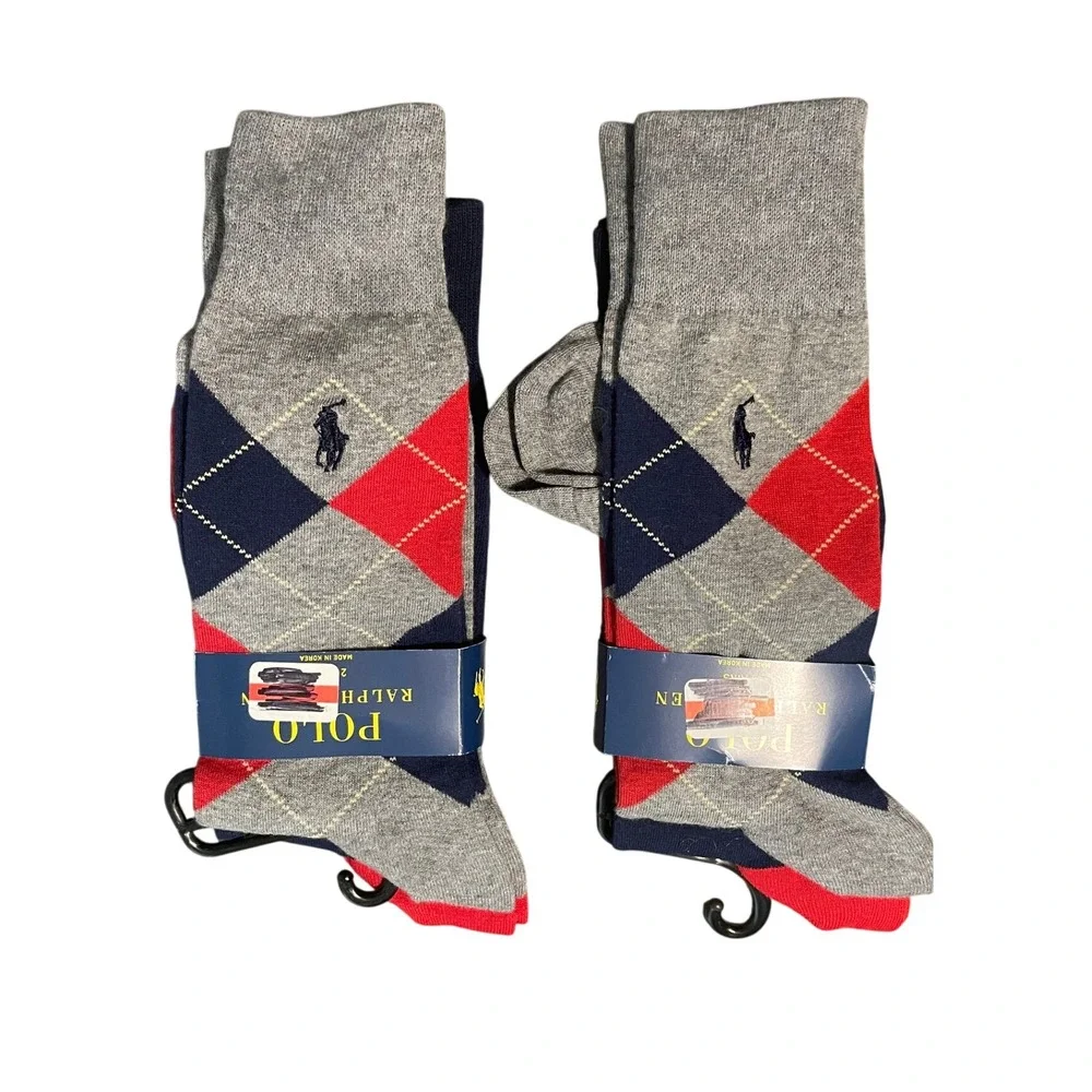 Polo Ralph Lauren Socks Mens 10-13 4 Pairs Argyle Navy Gray Red Cotton Crew